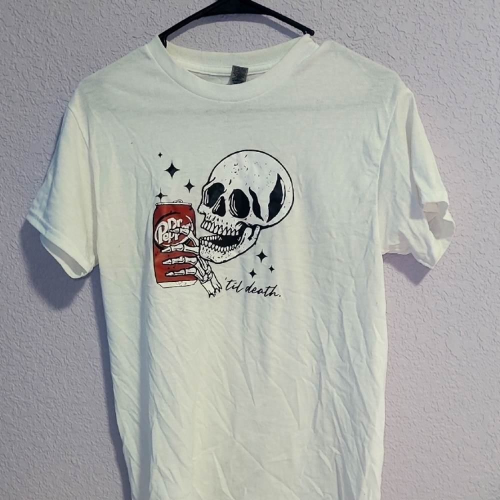 White Graphic Tee with DIY Skull Dr.Pepper Design